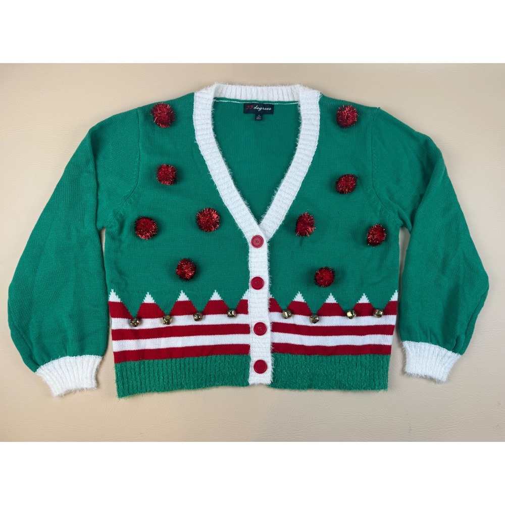 Ugly Christmas Sweater Cardigan Knit Jingle Bells Large 33 Degrees
